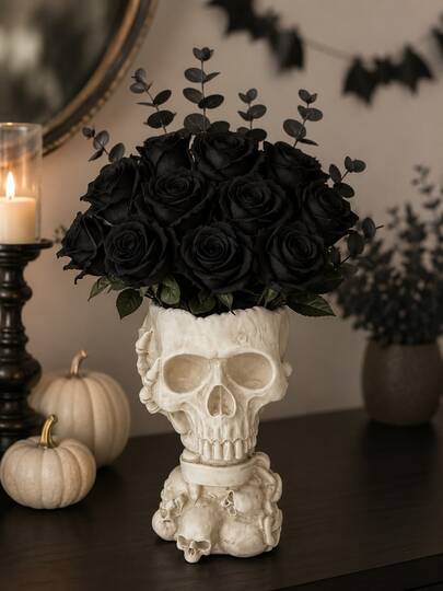 Jarrón de Calavera Gótica, Jarrón de Flores de Halloween con Arreglo de Rosas Negras, Decoración del Hogar de Academia Oscura, Jarrón de Cabeza de Calavera Único para Flores Secas, Adorno de Mesa Espeluznante, Decoración Vintage para Sala de Estar Dormitorio Estantería Oficina, Idea de Regalo de Decoración para Fiestas