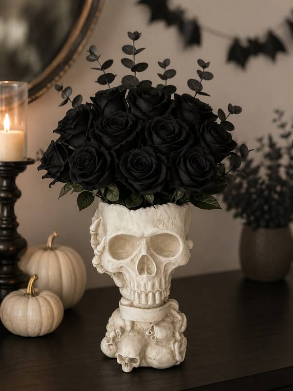 Jarrón de Calavera Gótica, Jarrón de Flores de Halloween con Arreglo de Rosas Negras, Decoración del Hogar de Academia Oscura, Jarrón de Cabeza de Calavera Único para Flores Secas, Adorno de Mesa Espeluznante, Decoración Vintage para Sala de Estar Dormitorio Estantería Oficina, Idea de Regalo de Decoración para Fiestas