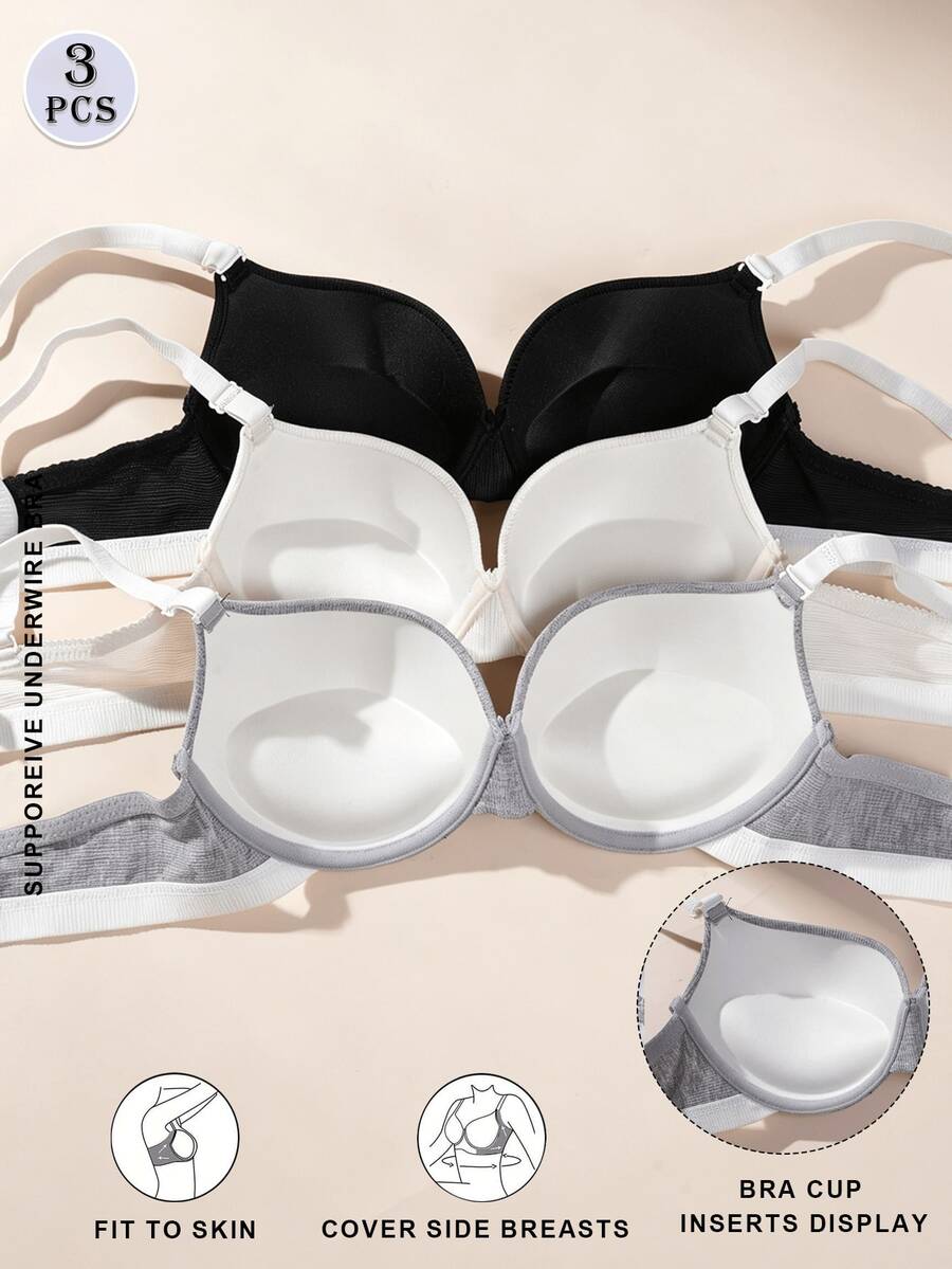 3pcs Women's Vertical Stripe Underwire Push-Up Bra, Letter Print Band, Adjustable Spaghetti Strap, Soft Basic Style To Conceal Side Boobs, Casual Everyday Lingerie - Multicolor - View 1