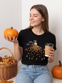 Women Fall Leaves Graphic Tee, Casual Autumn Season Daily Top, Fast Local Delivery - 黑色 - 查看 1