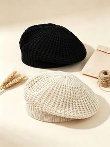1 buah Topi Baret Rajut Tebal Gaya Vintage untuk Mahasiswa, Topi Hangat Berwarna Hitam Polos dengan Karet Elastis Lembut, Cocok untuk Remaja Putri di Kampus, Kencan, dan Jalan-jalan - Gaya 1 - View 4