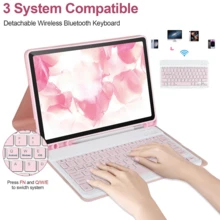 Funda protectora de teclado 4 en 1, compatible con Samsung Galaxy Tab e iPad, incluye teclado inalámbrico Bluetooth desmontable (150mAh) y ratón, funda protectora para tableta con ranura para lápiz (rosa) - Rosa - Ver 3