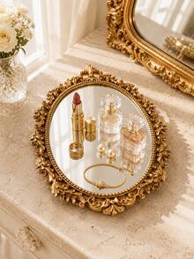 Vintage Gold Oval Mirror Jewelry Tray, Baroque Carved Vanity Storage Box, Suitable For Rings, Earrings, Necklaces And Bracelets - Premium Mirror Storage - View 10