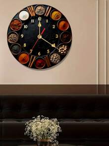 1pc 10/12 Inch Silent Round Wooden Clock With Various Spices And Seasonings, Quartz Movement, Multi-Color With Gold Accents, Battery Operated (AA Batteries Not Included), Suitable For Bedroom, Kitchen, Study, Garage, Christmas Decor, Living Room - Multicolor - View 5