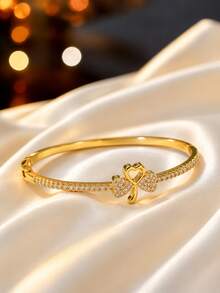 1pc Women's Heart & Clover Bracelet, Luxury Delicate Micro-Inlaid Cubic Zirconia Bangle, Niche Design Versatile Commuter Jewelry - Bracelet - View 8