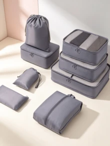 7-Piece Travel Storage Set, Clothes Sorting Packing Cubes, Luggage Clothing Storage Bags, Shoe Storage Bag Combo - Grey - View 1
