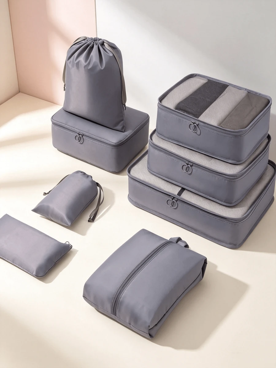 7-Piece Travel Storage Set, Clothes Sorting Packing Cubes, Luggage Clothing Storage Bags, Shoe Storage Bag Combo - Grey - View 1