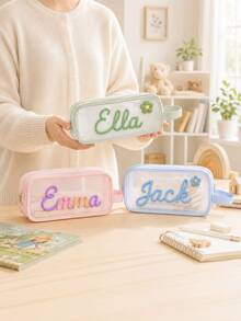 Personalized Double Layer Pencil Case, Hand Embroidered Name Mesh Pencil Pouch, Large Capacity Stationery Organizer, Back To School Gift - Multicolor - View 5