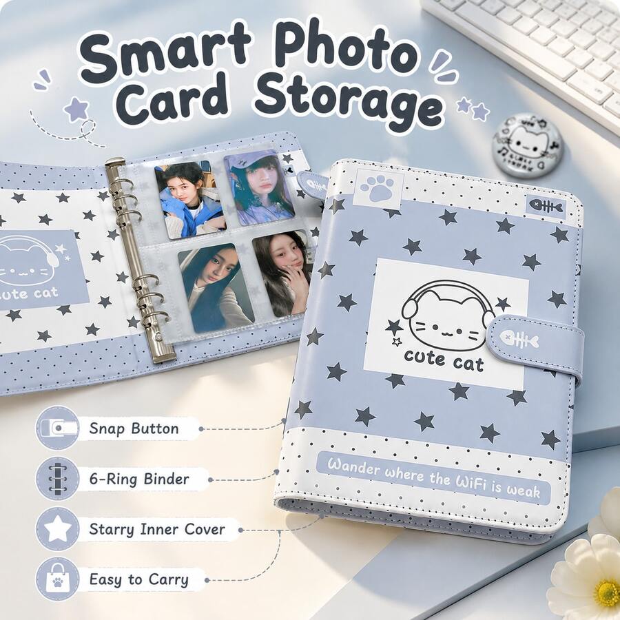 1pc Kawaii Star Print Cute Cat PU Photocard Binder, 6 Ring Detachable Photo Card Album, Portable Collect Book For Photocards, Business Cards, Stickers Storage,Card Holder - Multiple Styles - View 1