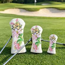 Lily Flower Embroidered Golf Club Head Cover, Wear-Resistant Waterproof PU Fabric, Wood Club Head Protective Cover, Golf Accessories - White - View 5
