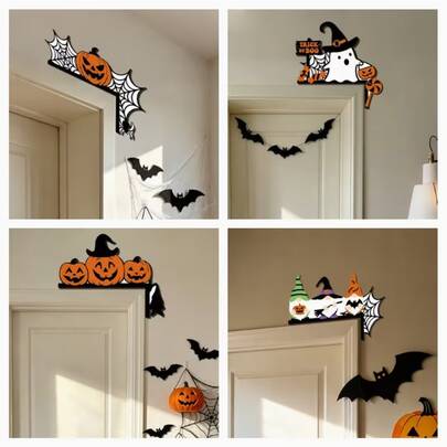 2D Flat Wooden Halloween Door Corner Hanging Decoration, Pumpkin Ghost Black Cat Spider Web Door Frame Ornament, Spooky Front Door Wall Hanging Halloween Party Indoor Home Holiday Atmosphere Decor