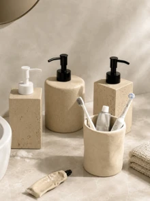 侘寂風復古石紋樹脂浴室配件套組，方型與圓型乳液壓泵瓶、斑點波浪牙刷架，極簡禪意居家浴室檯面裝飾，浴室配件禮品 - 米色 - 查看 3