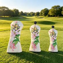 Lily Flower Embroidered Golf Club Head Cover, Wear-Resistant Waterproof PU Fabric, Wood Club Head Protective Cover, Golf Accessories - White - View 2