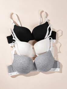 3pcs Women's Vertical Stripe Underwire Push-Up Bra, Letter Print Band, Adjustable Spaghetti Strap, Soft Basic Style To Conceal Side Boobs, Casual Everyday Lingerie - Multicolor - View 2