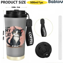 1/5pcs 18oz Stainless Steel Coffee Tumbler, Matte Grey I LOVE MY CAT Fluffy Black White Cat Cute Print Travel Mug, Multi-Function Flip Straw Lid, Black COFFEE Lanyard Strap, Ideal Gift For Cat Lovers Pet Owners Girls, Suitable For Home Travel Office - Kitten - View 9