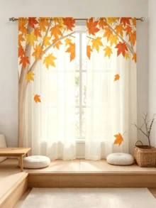 2PCS Autumn Sheer Curtains,Plant Autumn Maple Leaf Branch Patterns, Creating A Comfortable And Gentle Atmosphere, Suitable For Living Rooms, Dining Rooms, Study Rooms, Bedrooms, Balconies, Home Decoration, 2D Flat Design - Multicolor - View 1