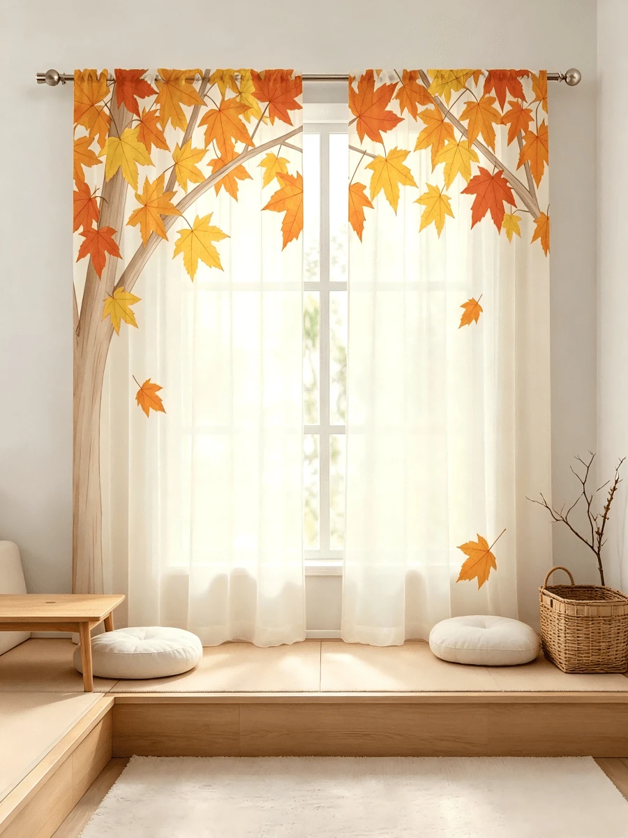 2PCS Autumn Sheer Curtains,Plant Autumn Maple Leaf Branch Patterns, Creating A Comfortable And Gentle Atmosphere, Suitable For Living Rooms, Dining Rooms, Study Rooms, Bedrooms, Balconies, Home Decoration, 2D Flat Design - Multicolor - View 1