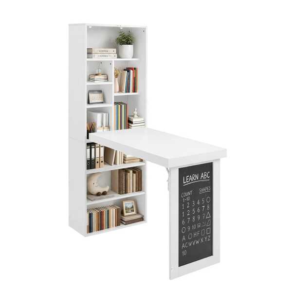 Folding Desk With Storage Foldable Convertible Writing Table With Blackboard And Shelves Fold-Out Cabinet Table For Small Spaces/Home Office/Craft Room White