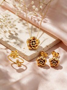 1 Set Minimalist Fashion Elegant Style Camellia Element Series Stainless Steel Women's Jewelry Set Suitable For Women's Daily Wear/Party/Evening/Commute/Holiday Gift - Yellow Gold - View 9