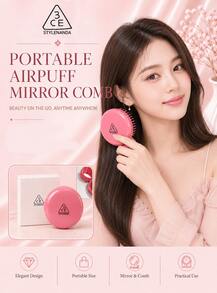 3CE Sanxi Jade Portable Cushion Mirror Comb, 8cm Diameter, 2-In-1 Mirror And Comb With Soft Cushion Bristles, Perfect For Touch-Ups And Hair Styling On The Go, Ideal For Personal Use Or As A Gift - Hot Pink - View 3