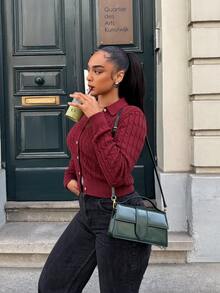 FOR BEAUTY Fall Winter French Chic Burgundy Cable Knit Lapel Collar Button Down Slim Fit Cardigan Sweater Tops Outerwear Women Work Outfits - Angolan Red - View 9