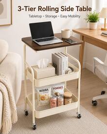 3-Tier Rolling Side Table With Tabletop & 2 Mesh Storage Baskets, Compact Mobile Utility Cart With 4 Caster Wheels For Sofa, Bedside, Office, Snacks & Makeup - View 11