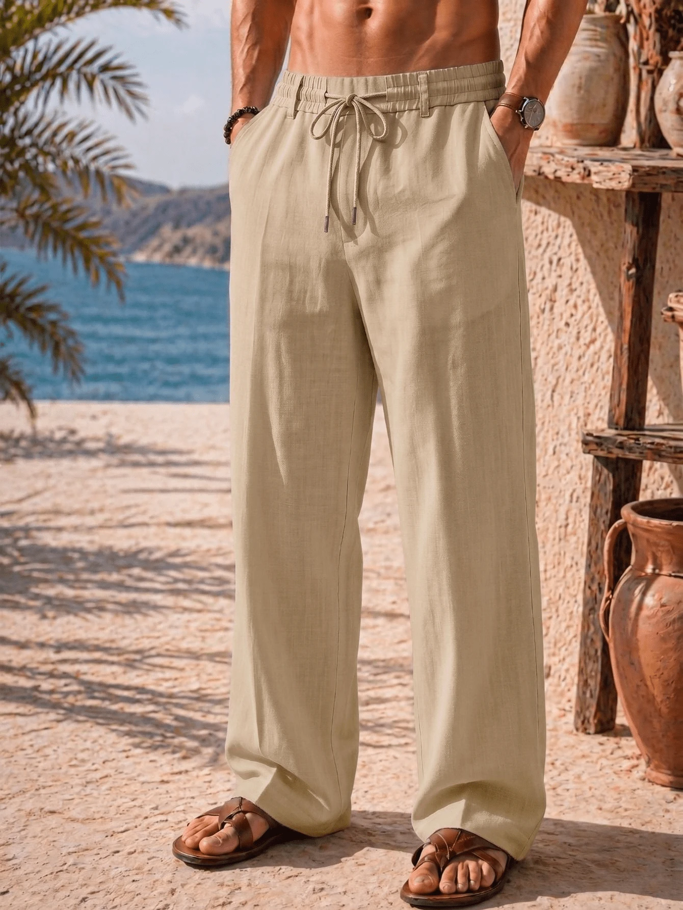 Men's Spring/Summer Thin Breathable Hip-Hop Linen Casual Sports Long Pants, Beach Straight Leg Solid Color Hawaiian Pants, Suitable For All Seasons & Vacation Essential - Khaki - View 1