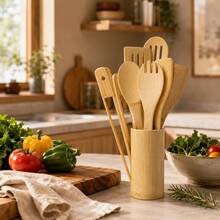 8 piezas/1 pieza Juego de utensilios de cocina de bambú con cubo de almacenamiento para cubiertos y pinzas para alimentos - Albaricoque - Ver 2