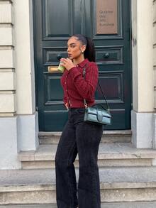FOR BEAUTY Fall Winter French Chic Burgundy Cable Knit Lapel Collar Button Down Slim Fit Cardigan Sweater Tops Outerwear Women Work Outfits - Angolan Red - View 8