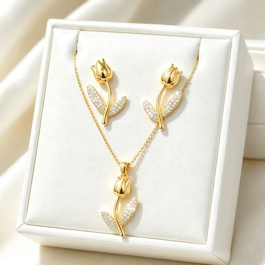 1 Set Stainless Steel Chain Zirconia Flower Pendant Women's Fashion Necklace & Earrings Jewelry Set, Gift Accessory - Style a - View 1