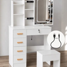 Vanity Desk Set With LED Lighted Mirror, Cute Y2K Makeup Vanity Table With Lockable Storage Drawer, Open Shelves & Matching Stool, Aesthetic Dressing Table For Girls Teens Women, Space Saving Bedroom Dorm Furniture, Perfect Gift For Her - White - View 12