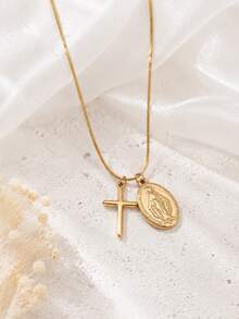 1pc Stainless Steel Vintage French Style 18K Gold Plated Oval Virgin Mary Relief Pendant Cross Double Pendant Necklace - Multicolor - View 7