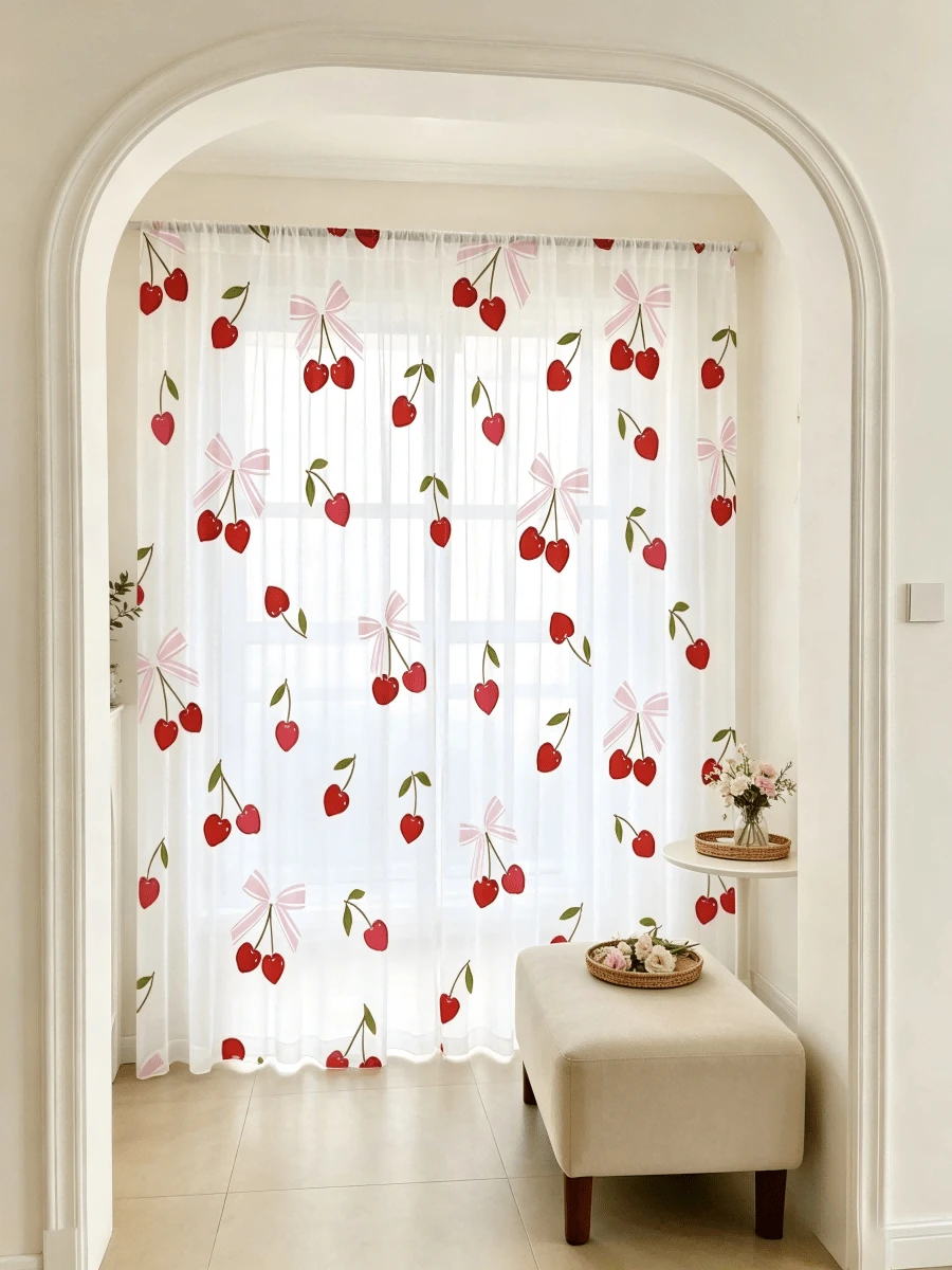 2件裝櫻桃圖案蝴蝶結透視窗簾,迷人清新設計,適合任何季節裝飾窗戶,適用於客廳、餐廳、臥室,也適合節慶使用 - 彩色 - 查看 1