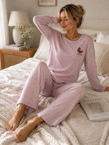 PINK COLOR HEART PATTERNED COTTON FABRIC WOMEN'S PAJAMAS SET - Pink - View 2