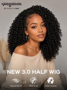 MEGALOOK 3 In 1 Half Wig Deep Curly 100% Human Hair Half Wig Glueless Drawstring Seamless Flip Over Wig Updo Down Style Hairpiece Summer Beginner Friendly - SNatural - View 2