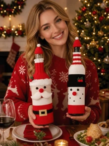 Santa Claus Snowman Wine Bottle & Wine Glass Cozy Set, Knitted Christmas Bottle Decoration Set, Suitable For Home Kitchen Dinner New Year Christmas Decor - View 3