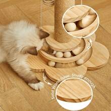 Cat Scratching Post, Indoor Cat Interactive Furniture Toy, 4-In-1 Wooden Cat Scratching Toy,  High Scratching Post With 2 Horizontal Cat Ball Tracks, Kitten Activity Center For Indoor Kittens And Adult Cats - 木質色 - 查看 6