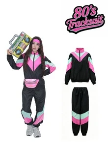 80s Retro Women's Tracksuit - Neon Pink And Mint Green Color Block Jacket And Pants, Suitable For Hip Hop Disco Theme Parties And Carnivals Fall - Multicolor - View 1