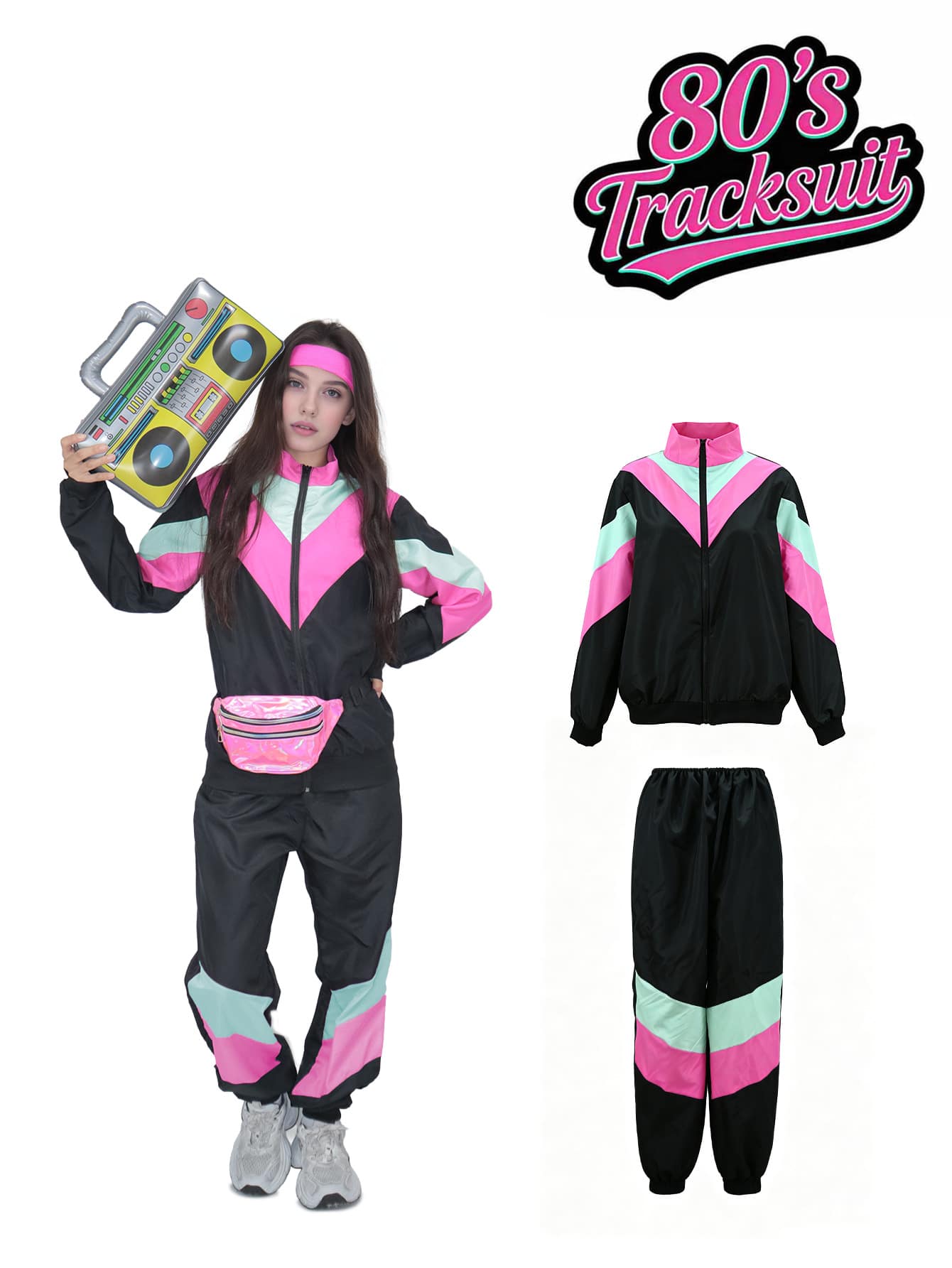 80s Retro Women's Tracksuit - Neon Pink And Mint Green Color Block Jacket And Pants, Suitable For Hip Hop Disco Theme Parties And Carnivals Fall - Multicolor - View 1