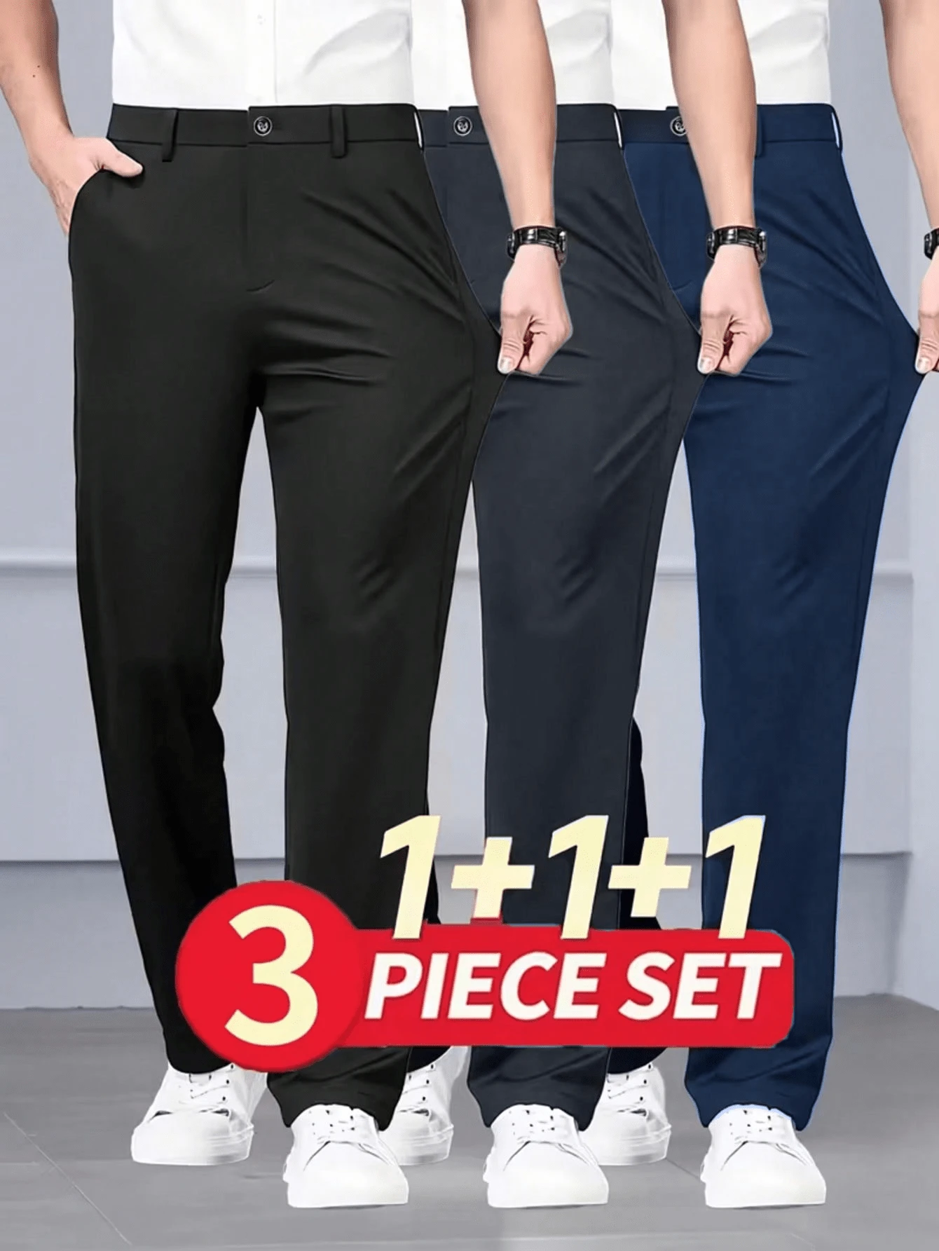 3pcs Men's Classic Design Trousers, Solid Color Elastic Pants, Elegant Luxury Style, Men's Pants - Multicolor - View 1