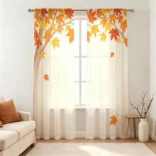 2PCS Autumn Sheer Curtains,Plant Autumn Maple Leaf Branch Patterns, Creating A Comfortable And Gentle Atmosphere, Suitable For Living Rooms, Dining Rooms, Study Rooms, Bedrooms, Balconies, Home Decoration, 2D Flat Design - Multicolor - View 2