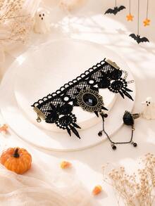 Women's Bracelet Ring Integrated Chain, Black Lace Vintage Gothic Style, Spider Web Rose Oval Cut Decor, Adjustable Extension Chain, Halloween Party Gift Jewelry - Black - View 4