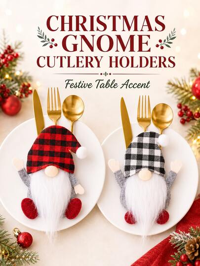 1 cái túi đựng bộ dao thìa dĩa hình Gnome Giáng Sinh họa tiết caro Buffalo, phụ kiện sắp xếp bàn ăn lễ hội cho bữa tối gia đình và tiệc ngày lễ, không kèm bộ dao thìa dĩa