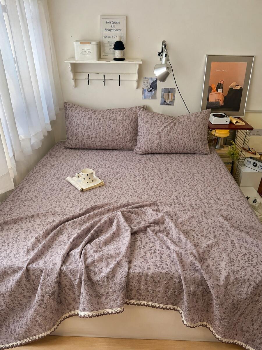 3-Piece Bed Sheet Set With Lace Trim, Botanical Print Design, Crochet Lace, British Country Style, Suitable For Single Bed, Double Bed, Student Bed - Brown - View 1