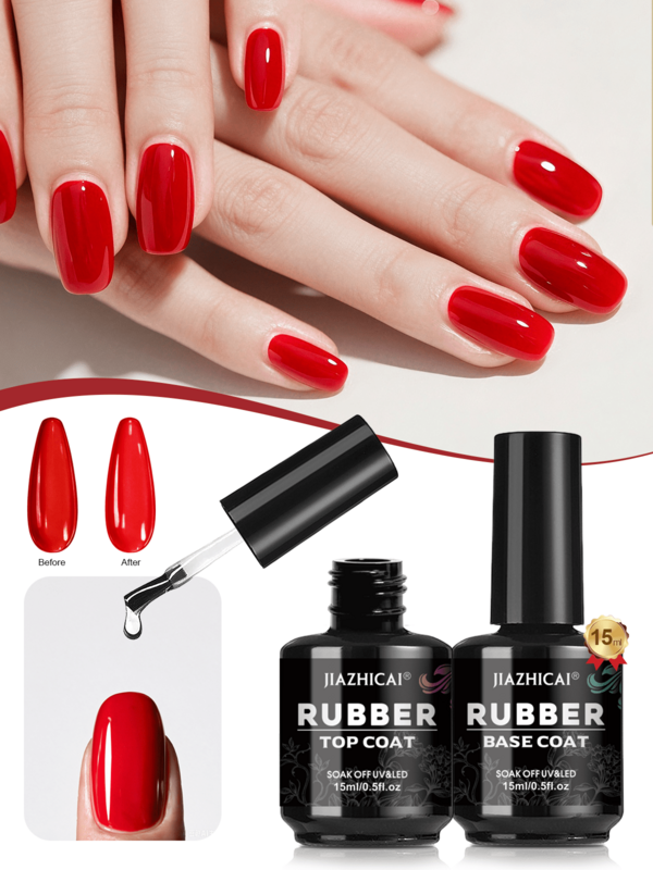 Set Top Coat dan Base Coat Gel Karet 15ml, Kombinasi Warna Dasar Mengkilap Tahan Lama Tanpa Perlu Dilap, Cocok untuk Desain Manikur Kuteks yang Dikeringkan dengan UV, Hadiah Seni Kuku untuk Wanita