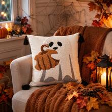 1 Stück/2 Stücke 18x18 Zoll gesteppte Halloween Kissenbezüge, Geister, Kürbis und Sensenmann dekorative Kissenbezüge mit verstecktem Reißverschluss und Quasten, geeignet für Sofa und Schlafzimmer Dekoration, nur Kissenbezüge, ohne Füllung - Weiss - Übersicht 11