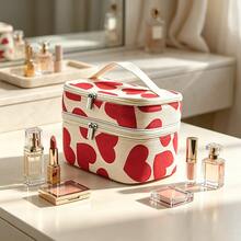 Corduroy Large Heart Double Layer Square Cosmetic Bag Women's Handbag Portable Makeup Organizer Bag Double Layer Storage - Red - View 3