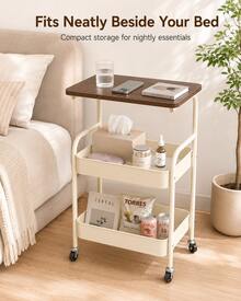 3-Tier Rolling Side Table With Tabletop & 2 Mesh Storage Baskets, Compact Mobile Utility Cart With 4 Caster Wheels For Sofa, Bedside, Office, Snacks & Makeup - View 9