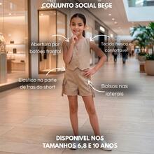 Conjunto Alfaiataria Infantil Menina Shorts e Colete Moda Infantil Dia das Crianças com Embalagem para Presente - Bege - Visão 3