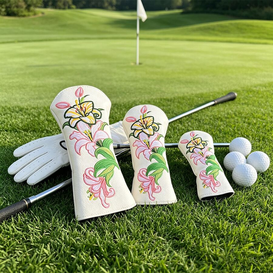 Lily Flower Embroidered Golf Club Head Cover, Wear-Resistant Waterproof PU Fabric, Wood Club Head Protective Cover, Golf Accessories - White - View 1